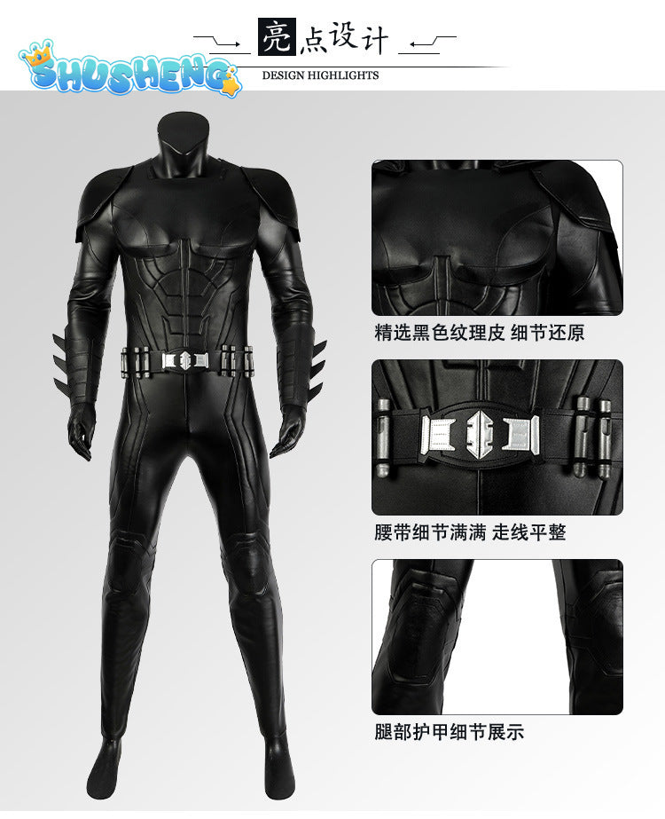 Michael Keaton Superhero Bat Bruce Wayne Cosplay Costume Hero Armor Outfit With Cowl Black Leather Jumpsuit Boots Halloween Suit