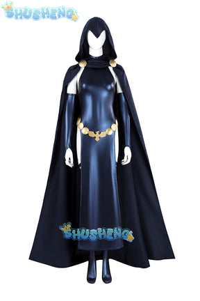 Raven Cosplay Costume Dress Hooded Cloak Halloween for Woman Female Spandex Zentai Bodysuit