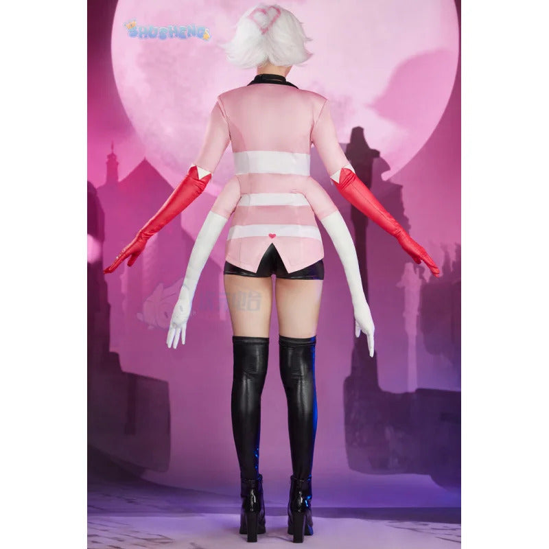 Angel Dust Cosplay Fantasy Wigs Cartoon Hell Inn Disguise Costume Gloves Bow Tie Pink Outfit Women Halloween Roleplay