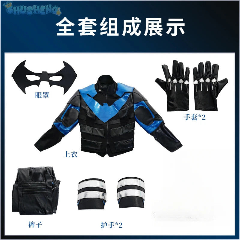 Gotham Knights Nightwing Robin Cosplay Costume Halloween Superhero combats Jumpsuit Faux Leather Black Armour Men Outfit Set
